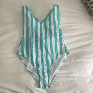 Kona Sola Turquoise & White Striped Bathing Suit.